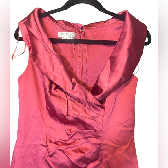 Kay Unger Ruched Pleated Satin Foldover Shawl Collar Sleeveless Dress - Picture 4 of 6